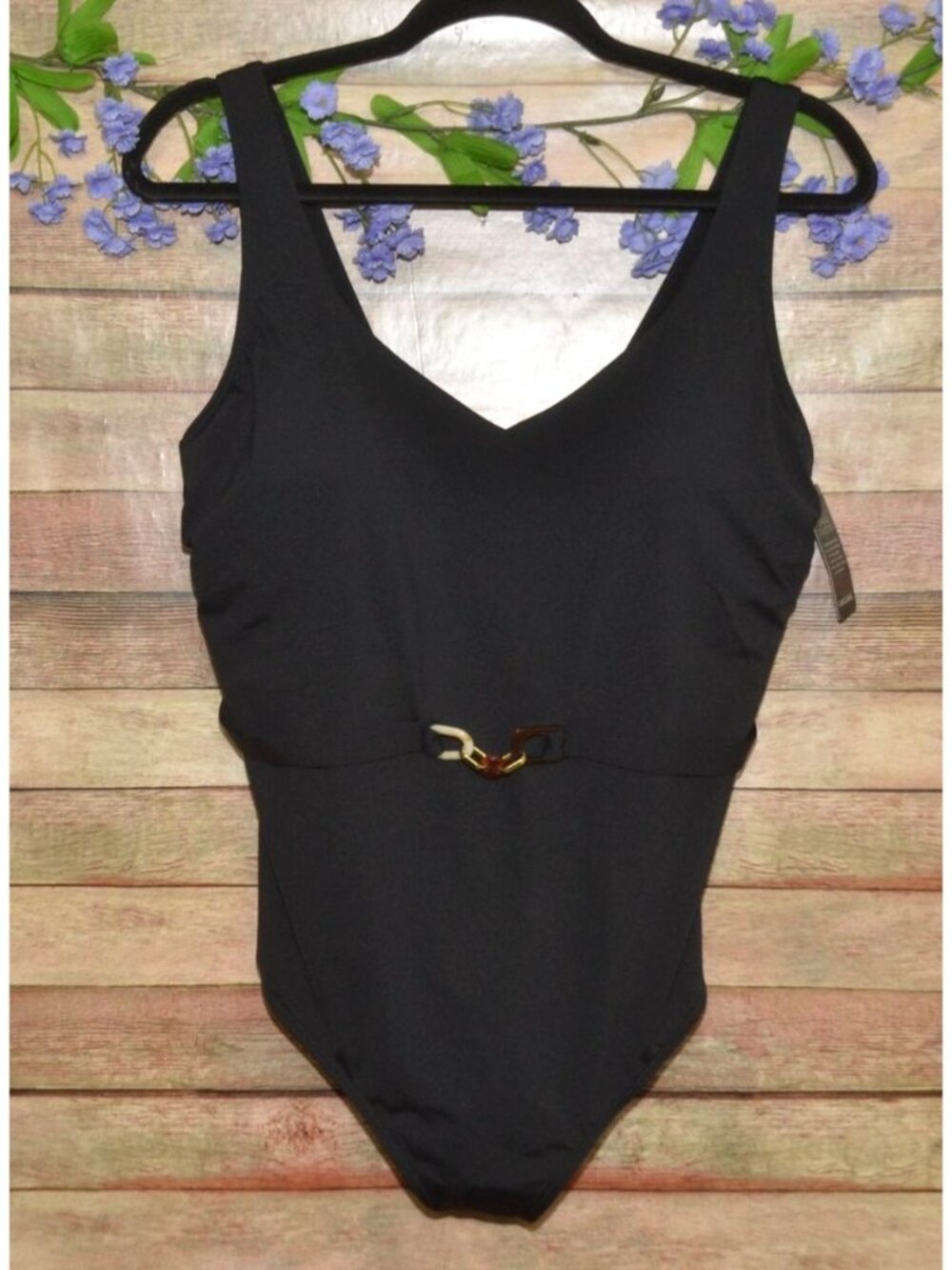 NWT Lascana Swimsuit Size 40C XL Black One Piece Belted Flattering Full Coverage